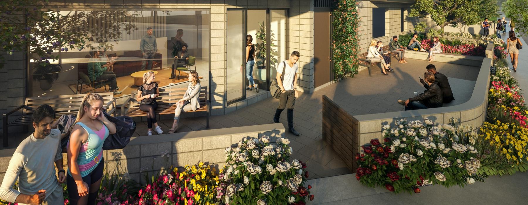 a group of people walking around a building